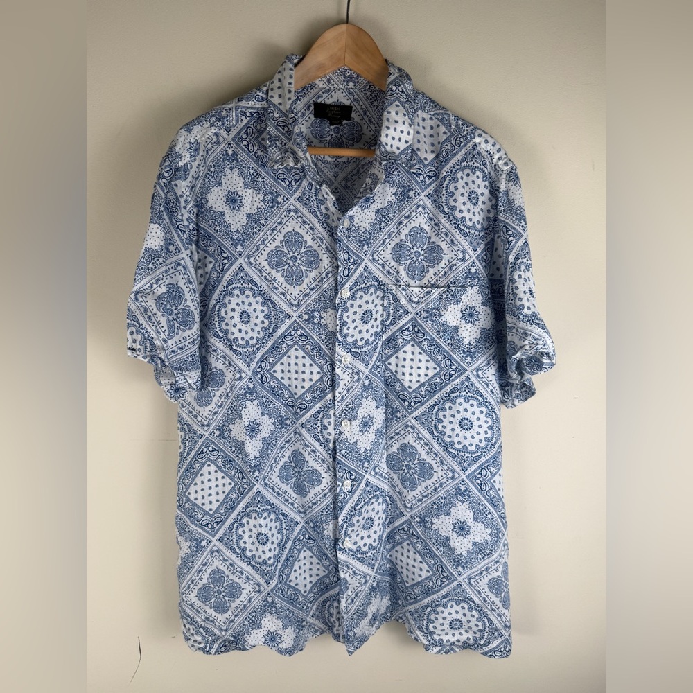 Club Room Luxury Linen Men's Bandana Print Short Sleeve Shirt Blue White XXL